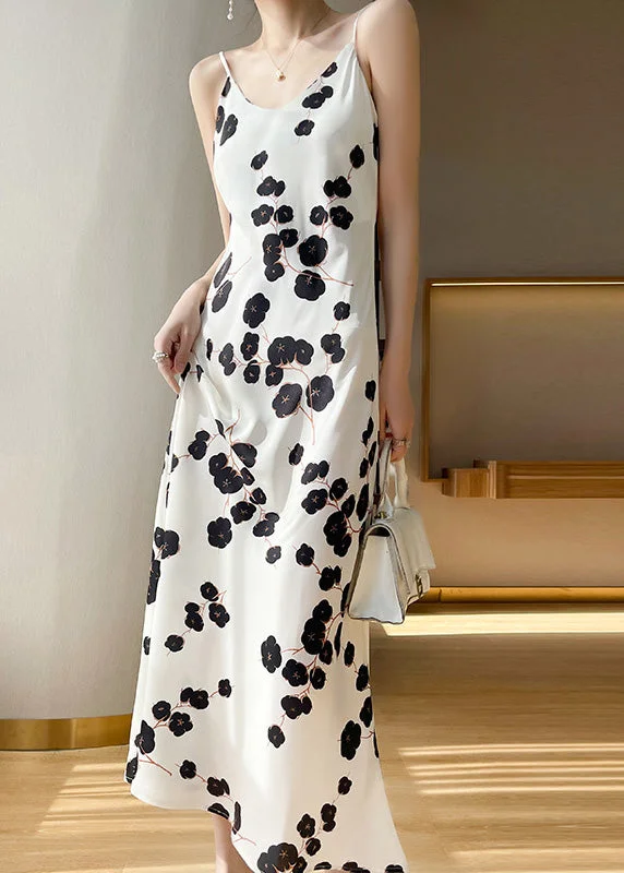 Classy Black V Neck Dot Print Silk Maxi Slip Dress Summer
