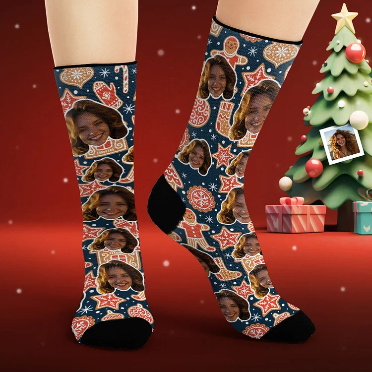 Custom Face Socks Personalized Photo Socks Christmas Gingerbread