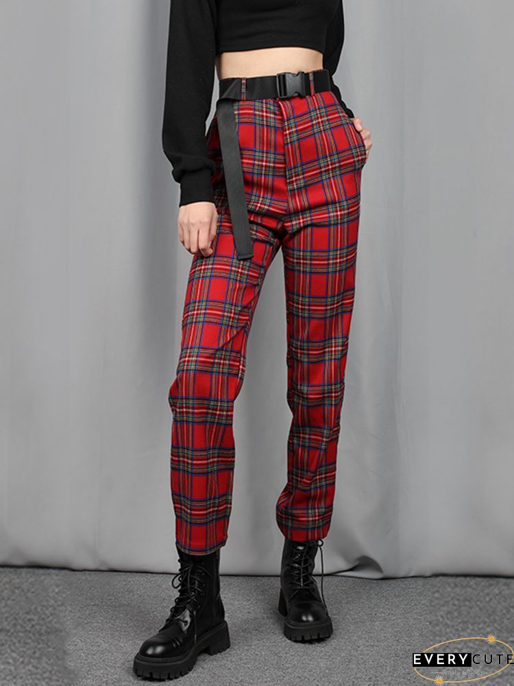 Plaid Drawstring High Waist Fold Sweatpants P13918