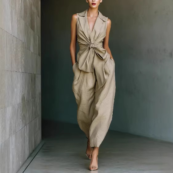 Dadihouse Elegant Knot-Waist Sleeveless Jumpsuit - Tailored V-Neck Wide Leg One-Piece