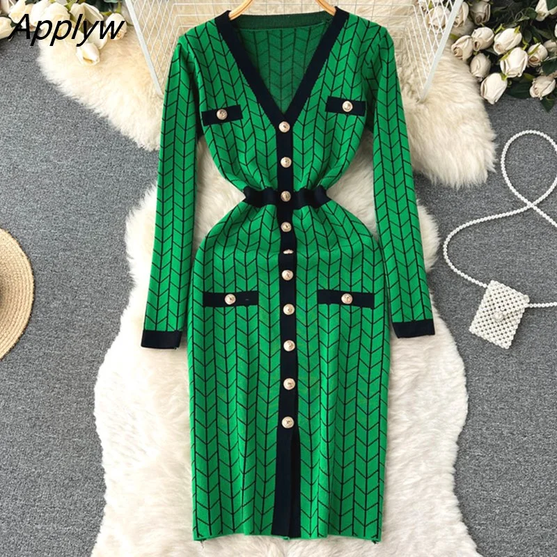Applyw Autumn Winter Women Dress 2023 New Brand Fashion V-neck Buttons Split Knitted Sweater Dress Elegant Lady Office Dress