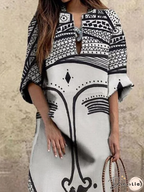 Loose Face Print V-neck Dress