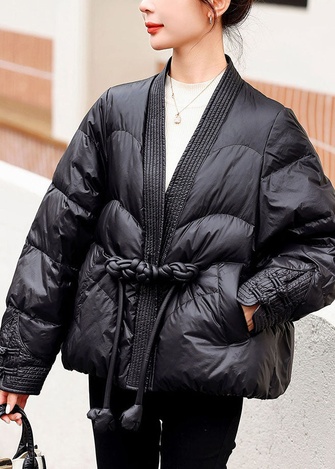 VCSHOES Black V Neck Oriental Button Original Design Duck Down Down Coats Winter