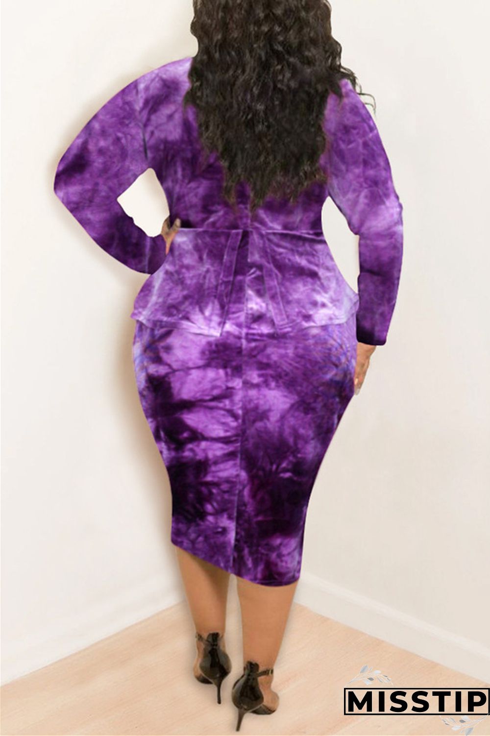 Purple Fashion Casual Plus Size O Neck Long Sleeve Regular Sleeve Print Tie Dye Printed Dress