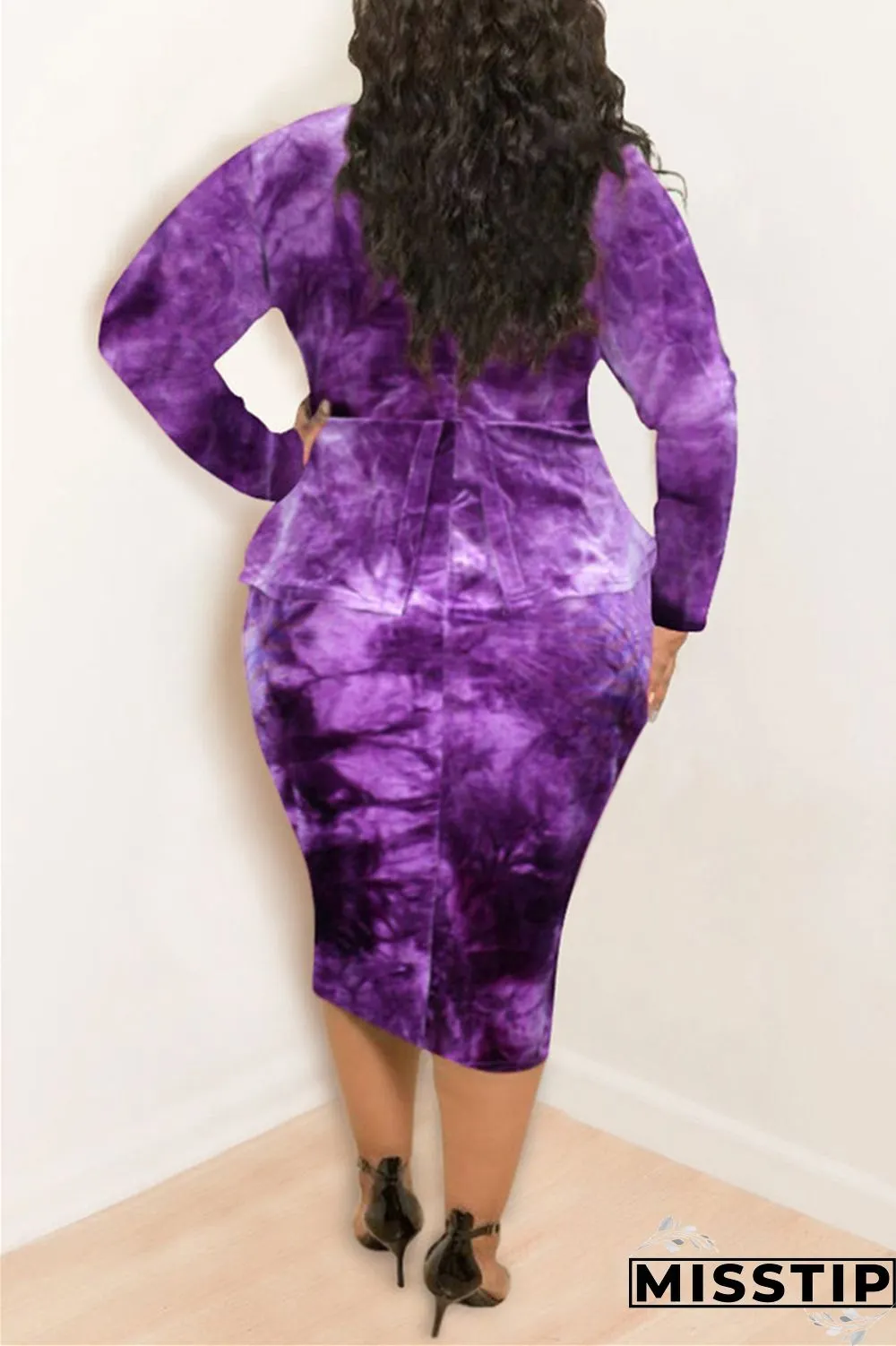 Purple Fashion Casual Plus Size O Neck Long Sleeve Regular Sleeve Print Tie Dye Printed Dress
