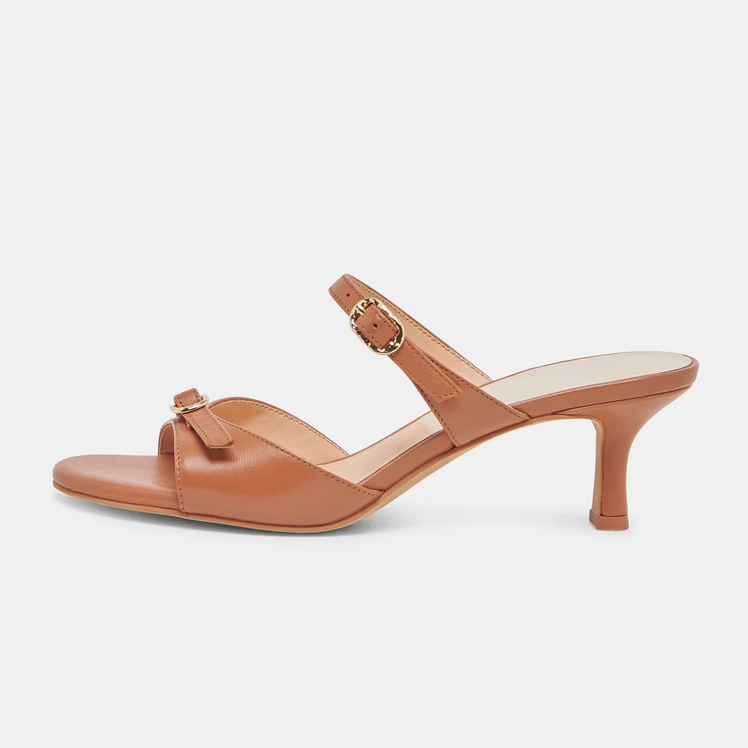 Brown Vegan Leather Buckle Kitten Heel Open-Toe Slide Shoes for Women