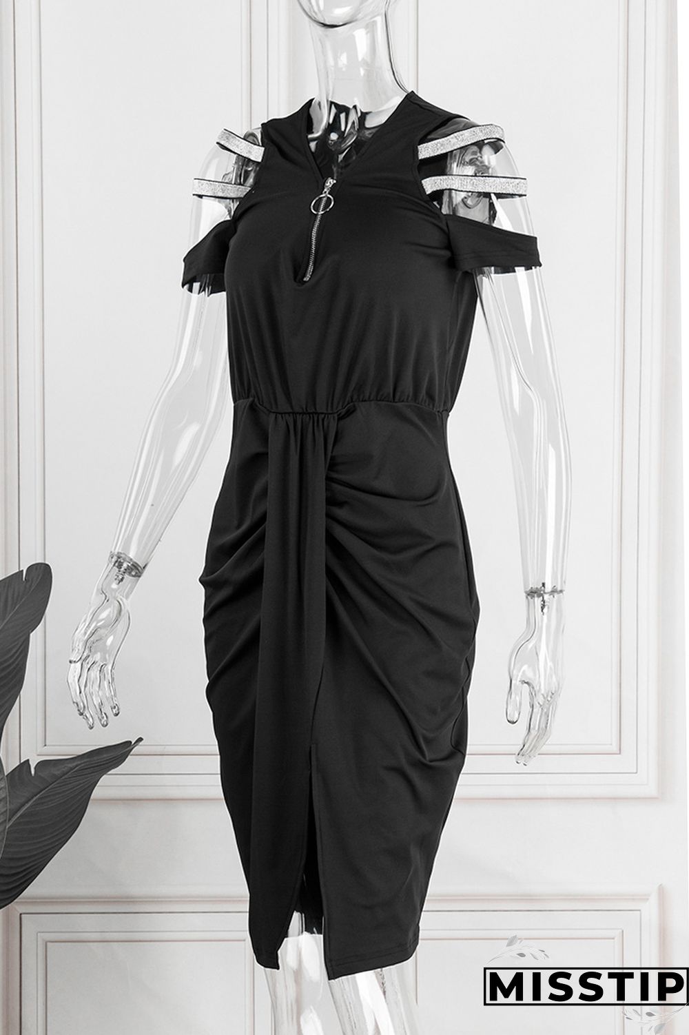 Black Casual Solid Hollowed Out Patchwork V Neck Short Sleeve Dress