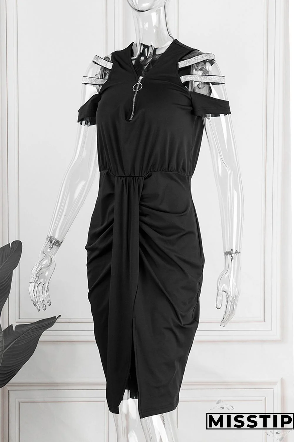 Black Casual Solid Hollowed Out Patchwork V Neck Short Sleeve Dress