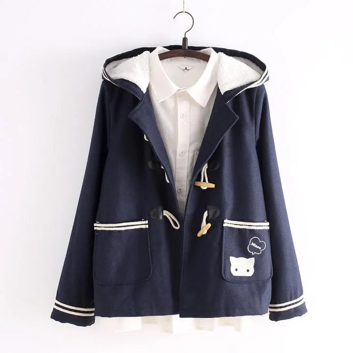 Grey/Navy Cutie Cat Fleece Hoodie Winter Coat SP153998