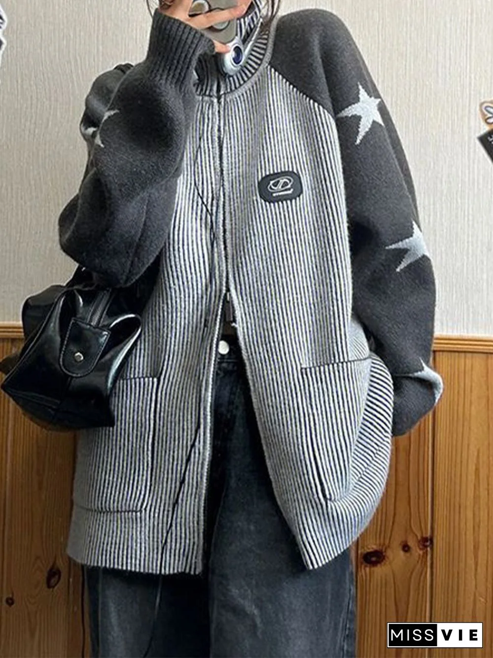 Knit Star Print Loose High Neck Cardigan