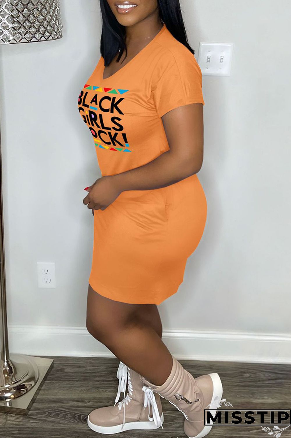 Orange Casual Print Basic V Neck Short Sleeve Dress