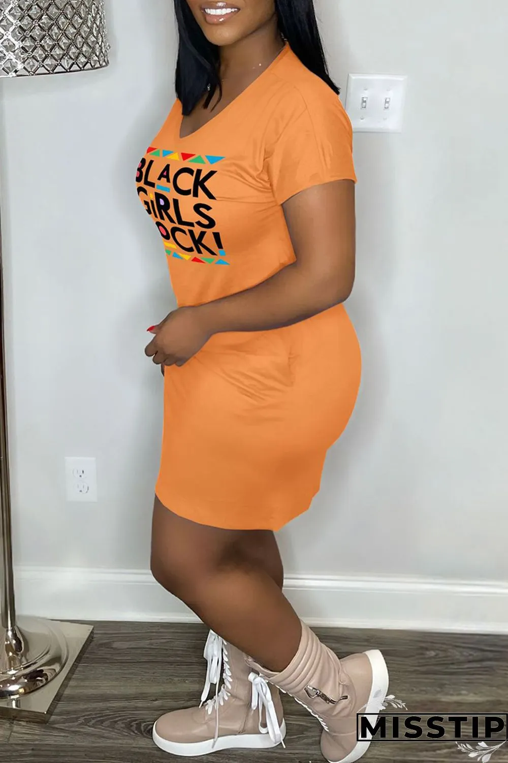Orange Casual Print Basic V Neck Short Sleeve Dress
