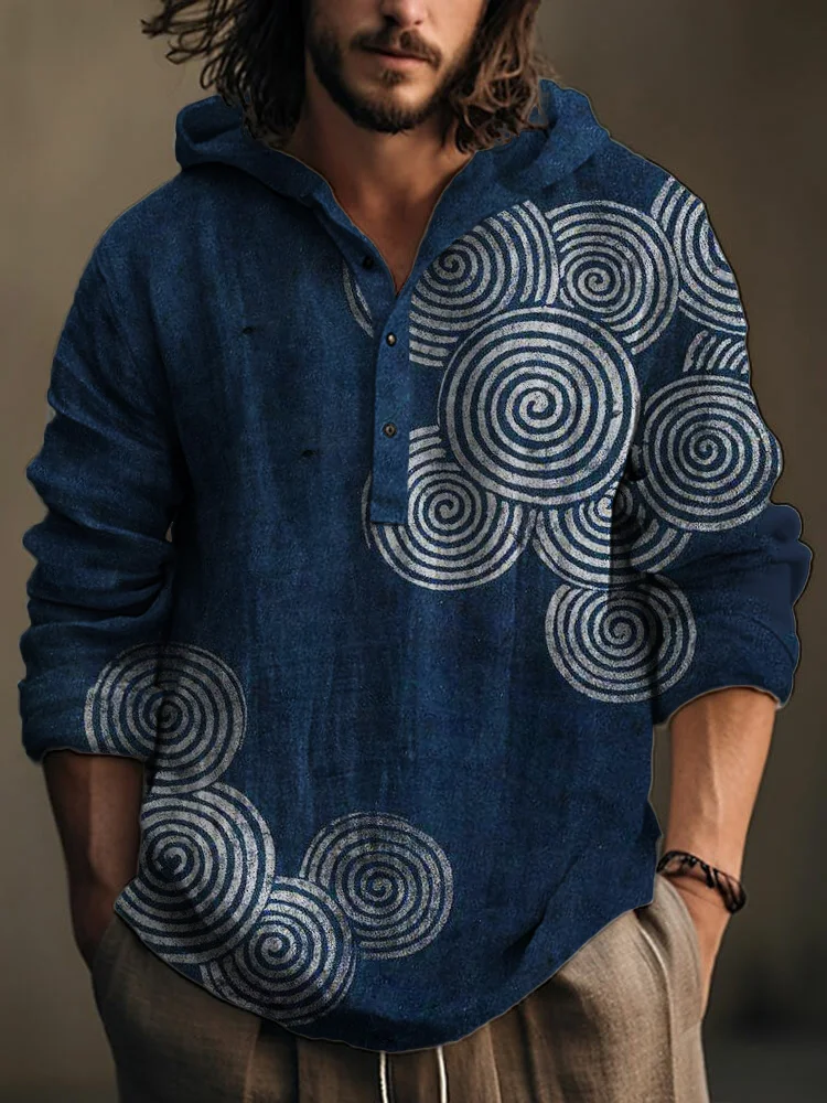 Sea Waves Ripples Japanese Lino Art Linen Blend Hooded Shirt
