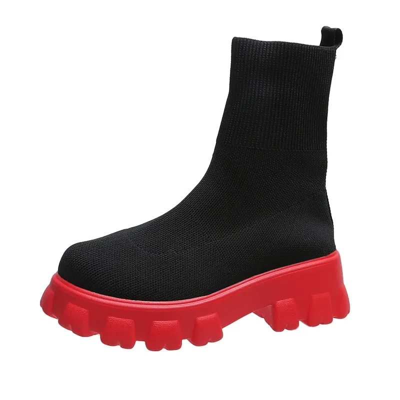 Ankel Boots for Women Platform Black Shoes Knitted Sock Booties Woman Fashion Motorcycle Boots Botas De Invierno Para Mujer