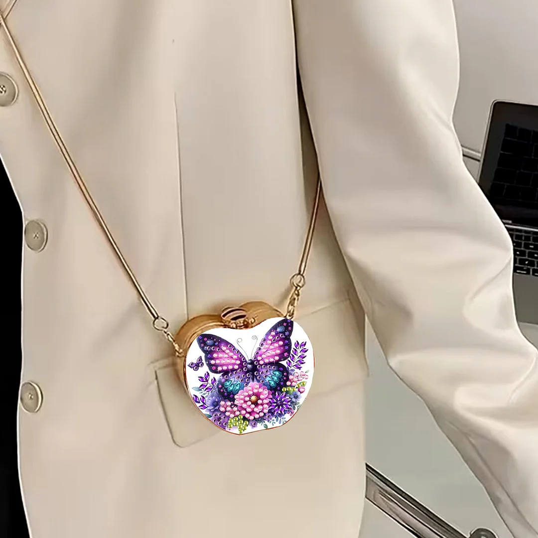 Purple Butterfly DIY Acrylic Love Diamond Art Painting Card Case Wallet with Chain Small Diamond Painting Crossbody Bag for Adults Women Girls Gift