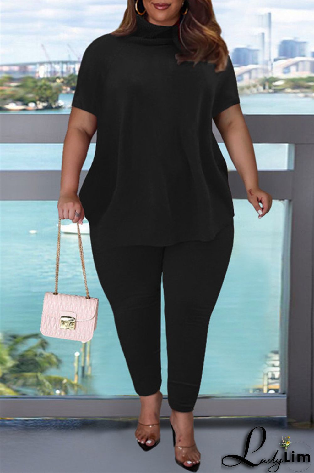 Pink Fashion Casual Solid Basic Turtleneck Short Sleeve Two Pieces