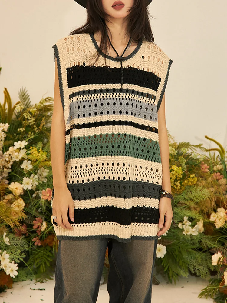 Women Summer Colorblock Knitted Hollow Out Vest