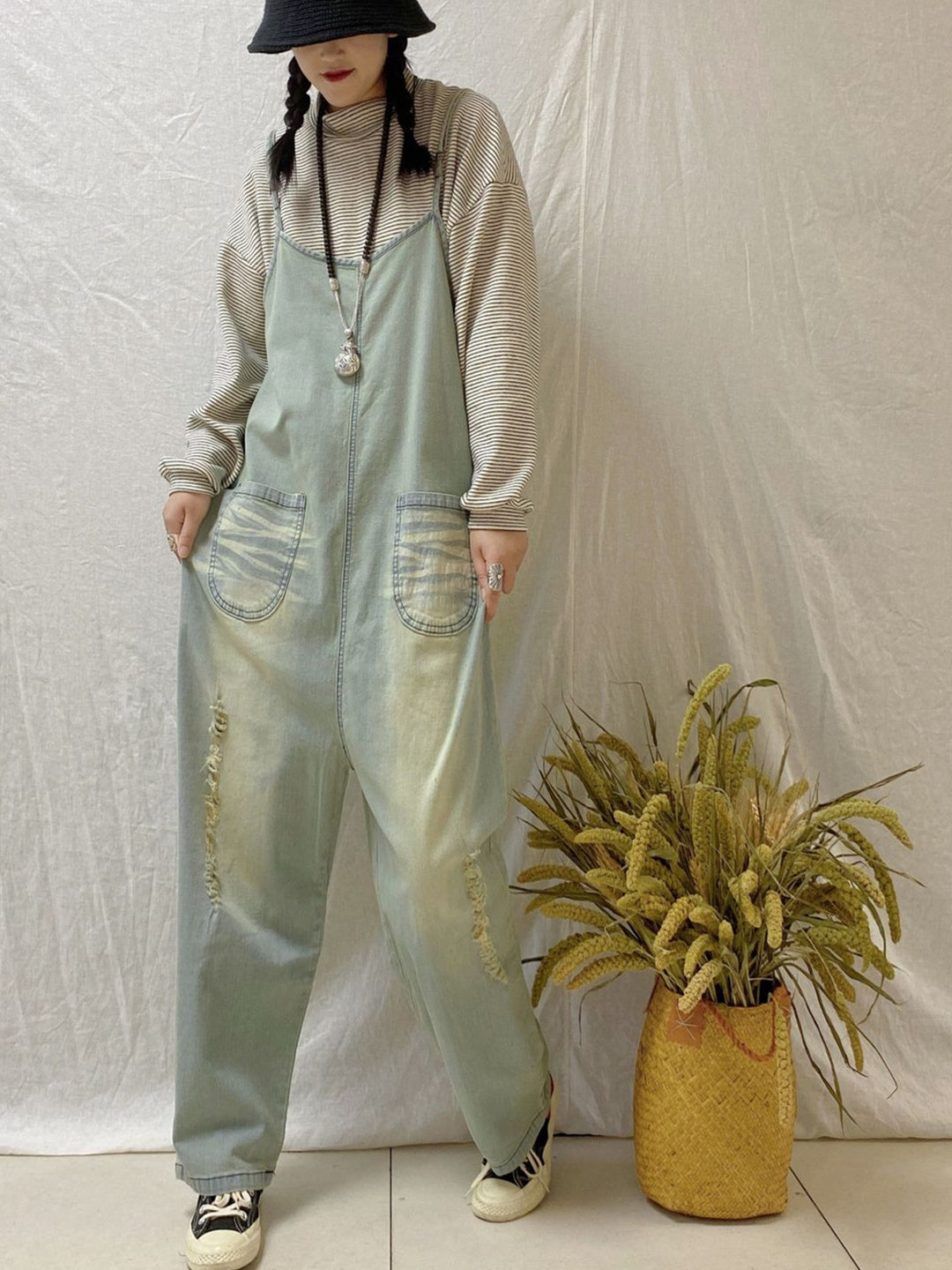 Women's Casual Retro Cropped Workwear Denim Overalls Jumpsuit