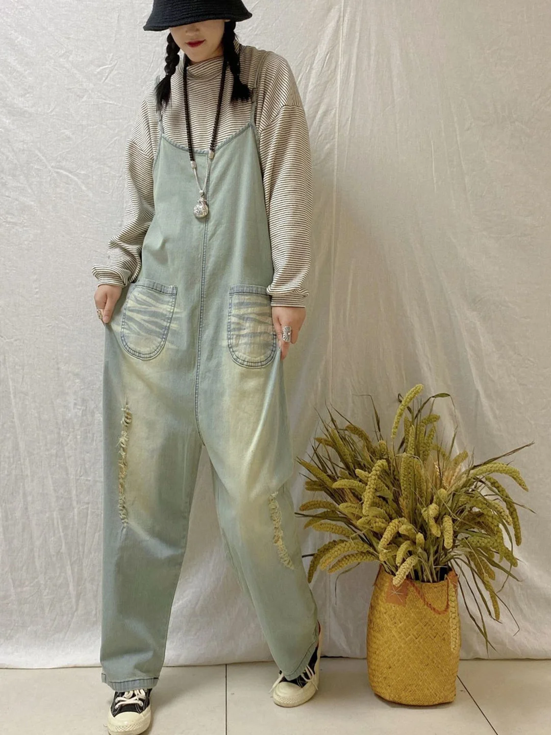 Women's Casual Retro Cropped Workwear Denim Overalls Jumpsuit