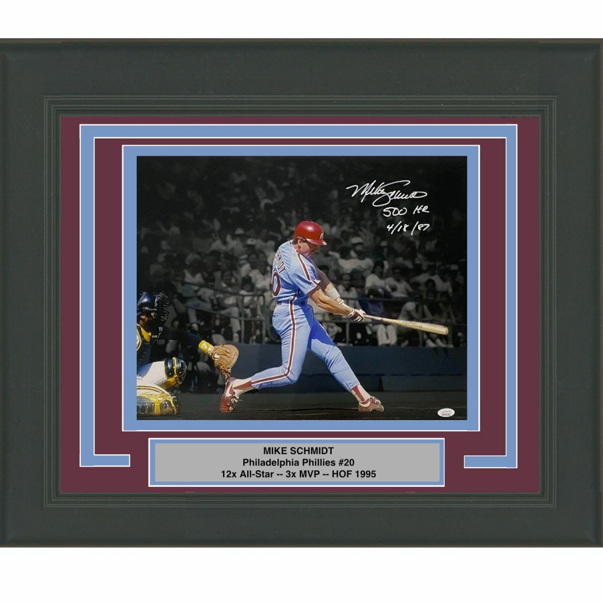 FRAMED Autographed/Signed MIKE SCHMIDT 500th HR Inscription 16x20 Photo Poster painting JSA COA