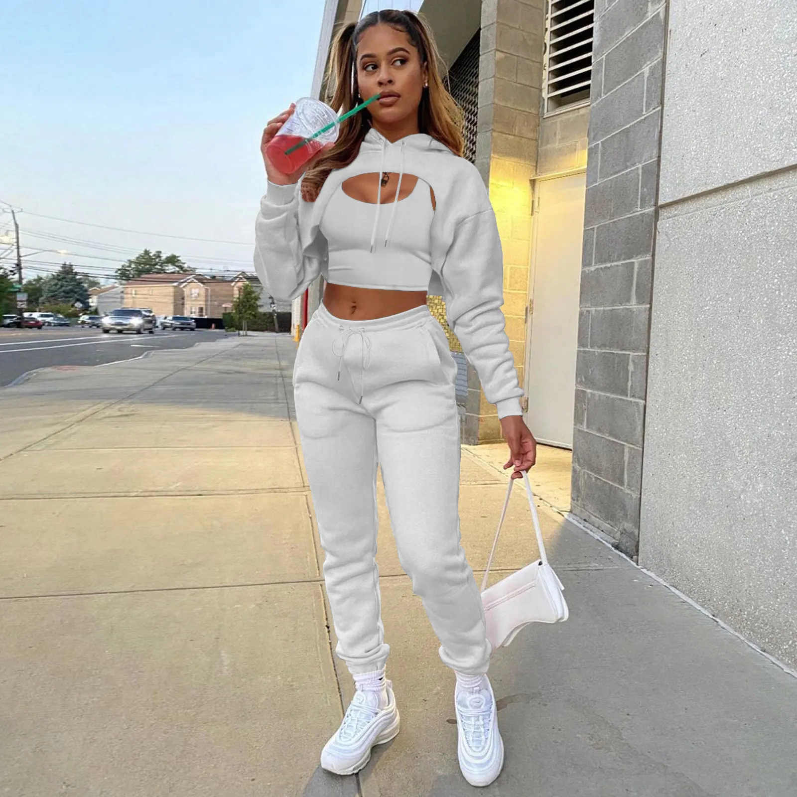 Womens Fashion Fleece Drawstring Solid Hoodies Long sleeve Pant Tank Top Three Piece