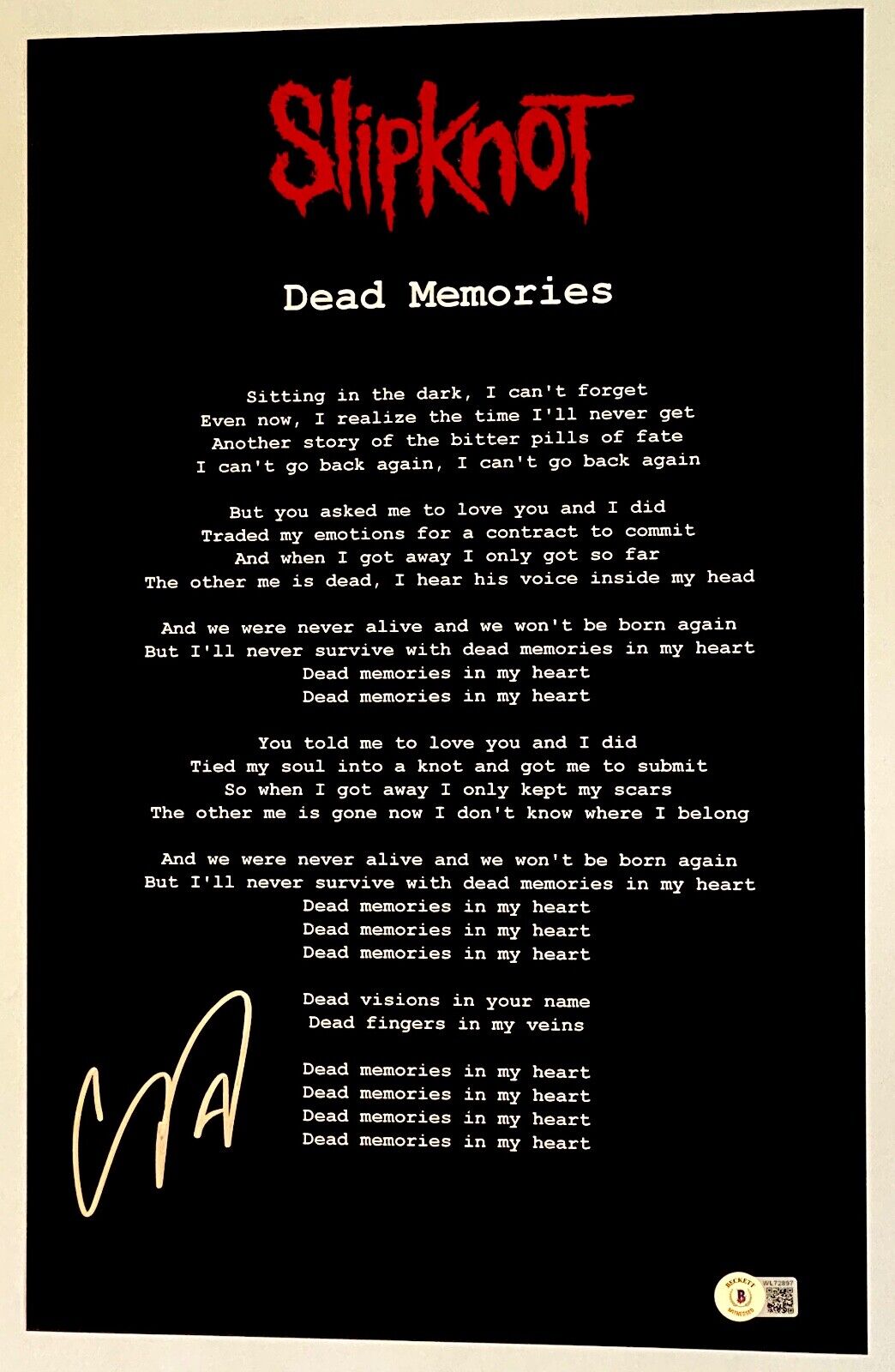 Corey Taylor Signed Slipknot Dead Memories 11x17 Lyrics Poster Beckett COA