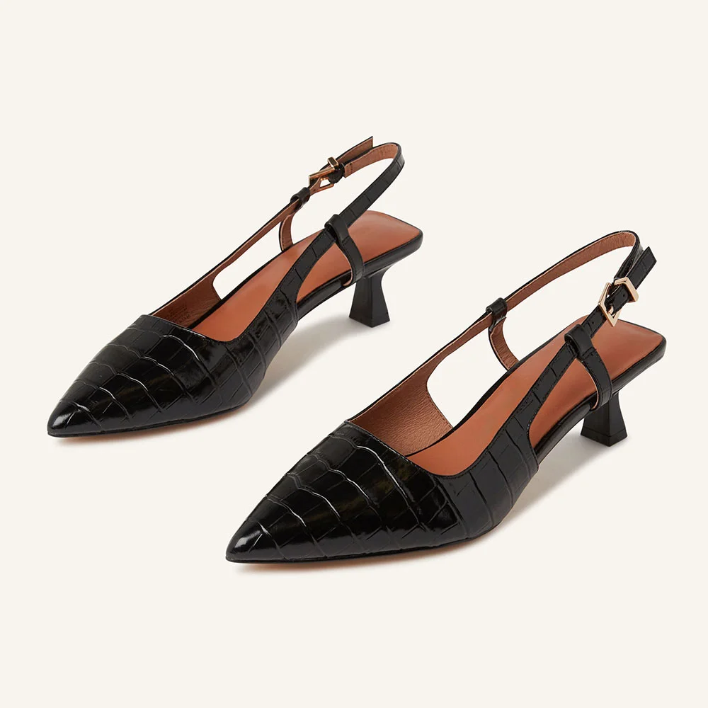 Stylish Black Crocodile Embossed Pointed Toe Slingback Heels