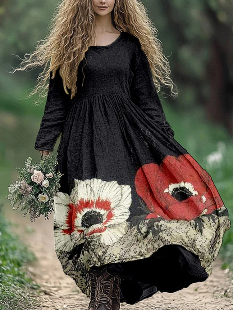 Vintage Poppy Art Print Linen Blend Cozy Maxi Dress