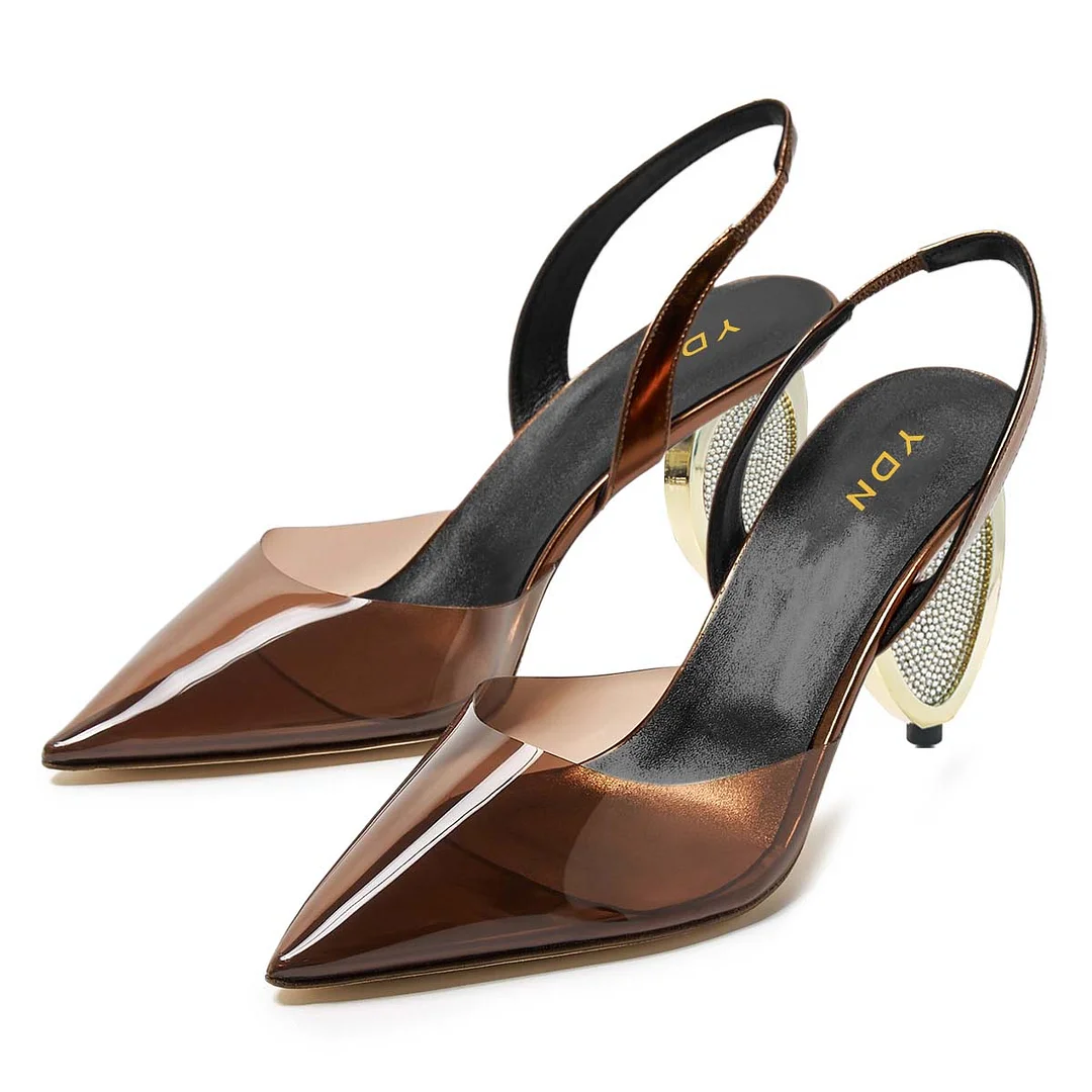 Brown Pointed Toe Slingback Rhinestone Decorative Heel Clear Pumps