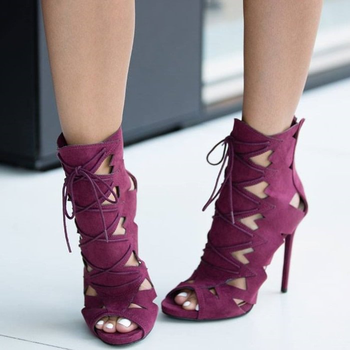 Burgundy Lace up Sandals Stiletto Heels Hollow out High Heel Shoes |FSJ Shoes