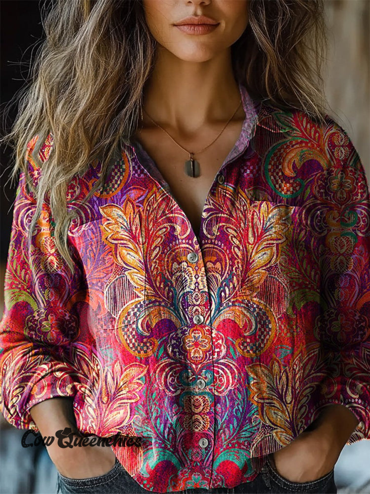 Colorful Ethnic Pattern Printed Women’s Casual Long Sleeve Comfortable Cotton Shirt Multicolor / S
