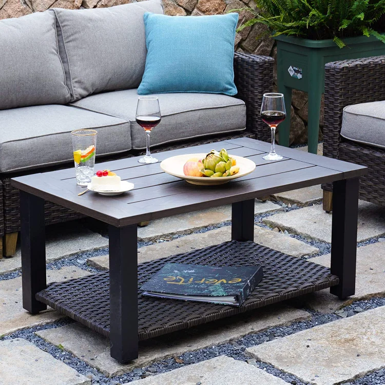 Grand Patio Outdoor Coffee Table with Wicker Storage 40 inch Side Table Modern Rectangle with Faux Wood Tabletop Fits with Conversation Set