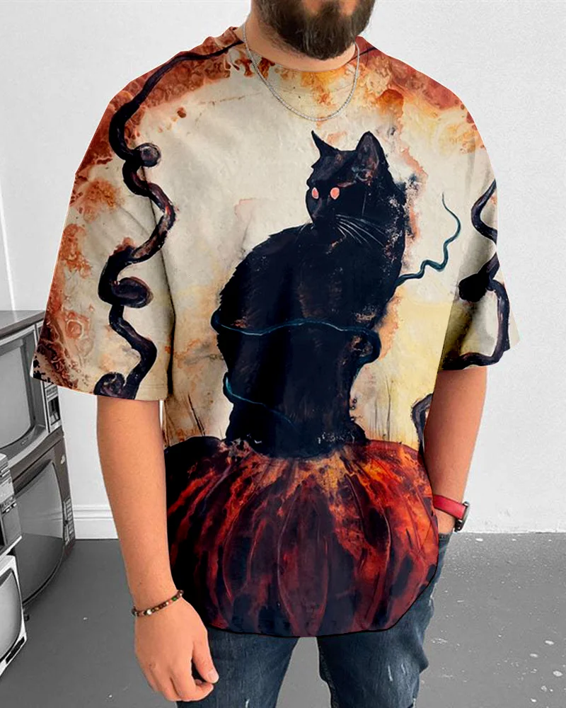 Suitmens Men's Halloween Black Cat Short Sleeve T-Shirt 050