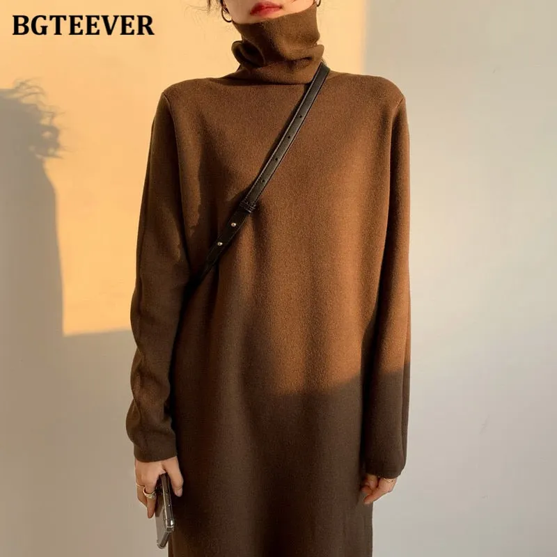 BGTEEVER Autumn Winter Thicken Women Dress Turtleneck Ladies Knit Vestidos Casual Warm Loose Female Sweaters Dress 2021