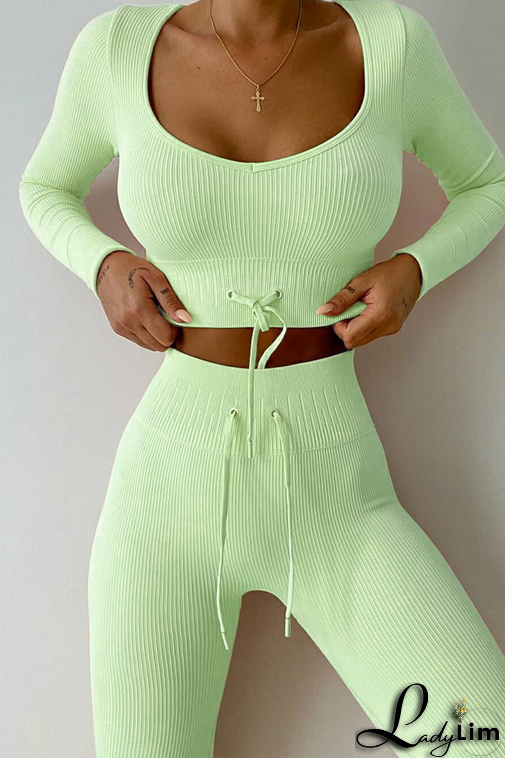 Light Green Casual Sportswear Solid Frenulum V Neck Long Sleeve Two Pieces