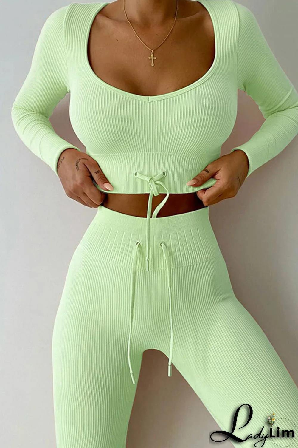 Light Green Casual Sportswear Solid Frenulum V Neck Long Sleeve Two Pieces