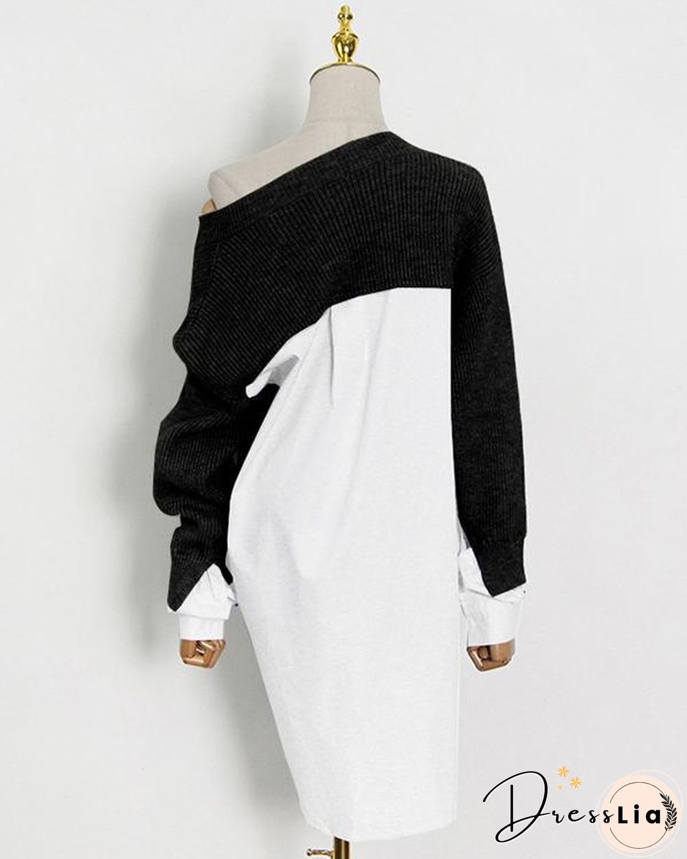 Women Minimalism Knitting V-neck Shirt Patchwork Sweater Shirt