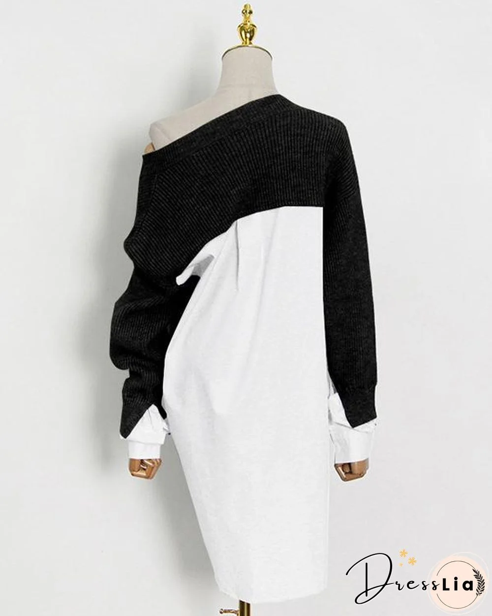 Women Minimalism Knitting V-neck Shirt Patchwork Sweater Shirt
