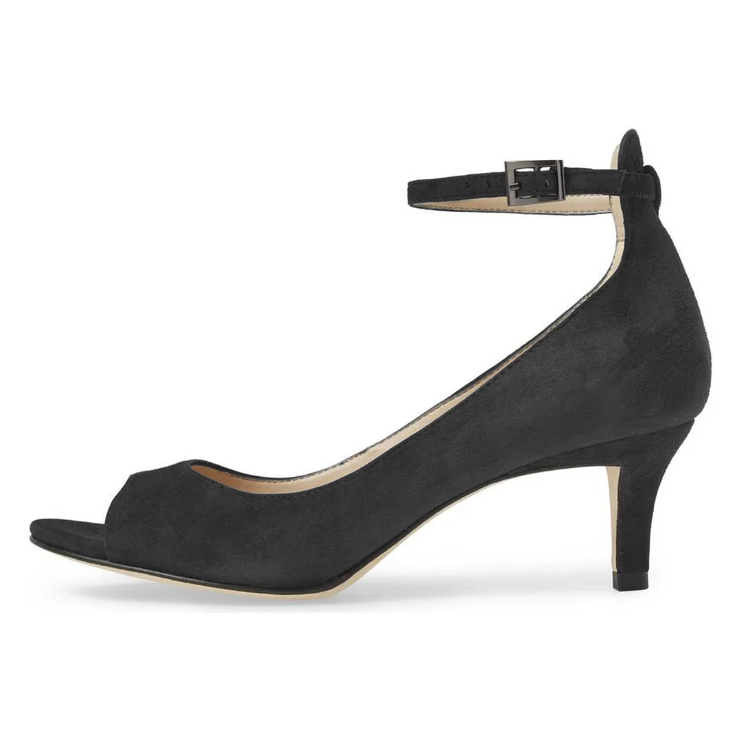 YDN Black Vegan Suede Peep Toe Kitten Heel Ankle Strap Pumps Shoes