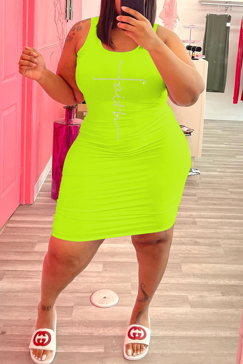 Fluorescent Green Sexy Patchwork Hot Drill U Neck Pencil Skirt Plus Size Dresses | EGEMISS