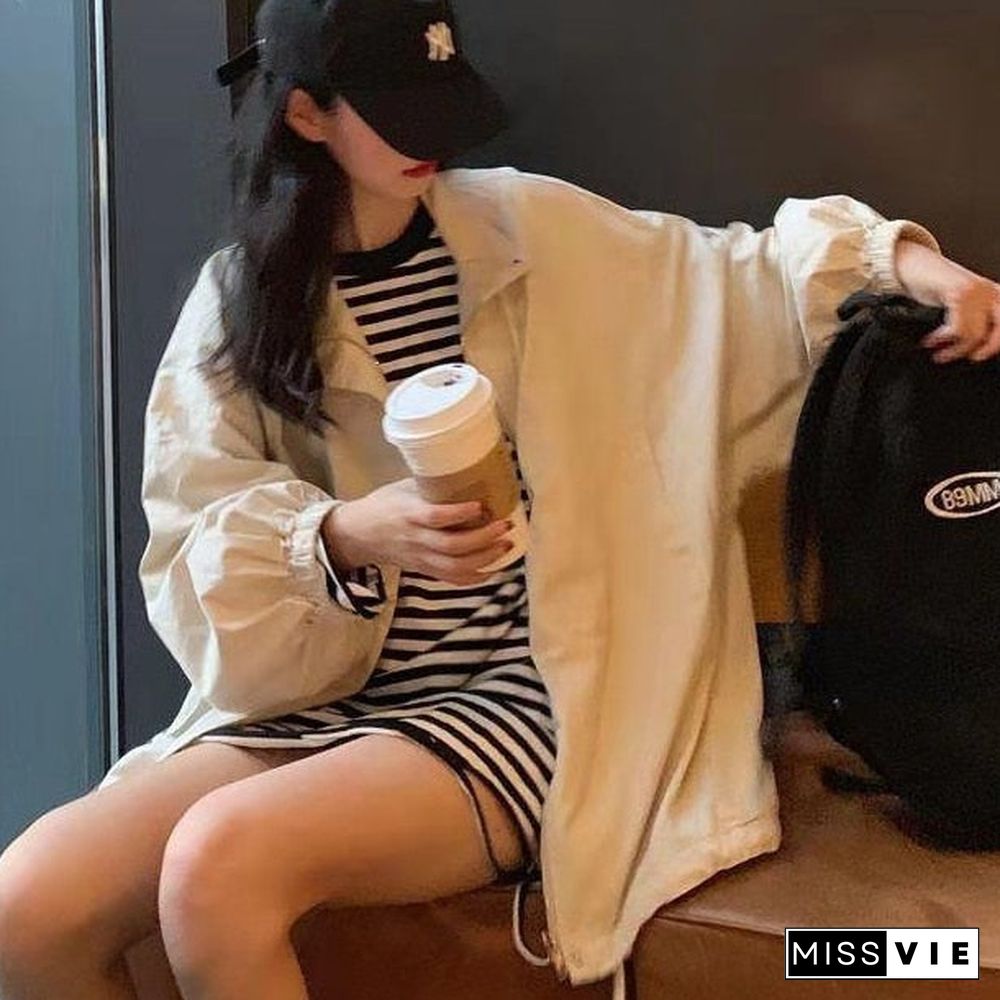 Jackets Women Oversized Harajuku Clothing Solid Color Trendy Unisex Lantern Sleeve Outwear Daily Turn-down Collar Safari Style