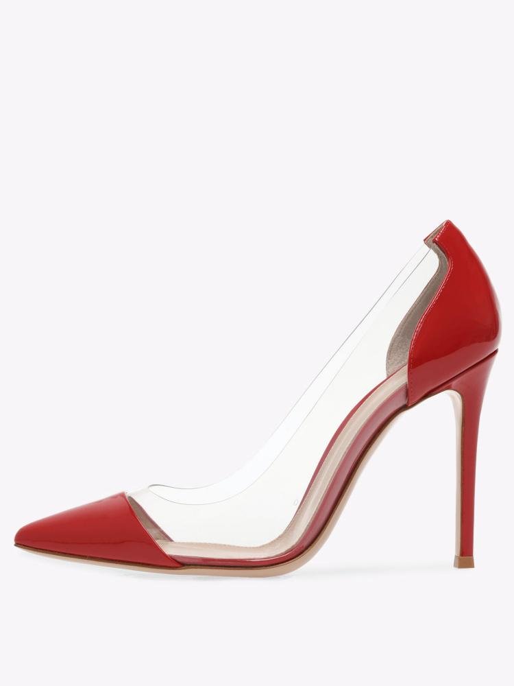 Red Clear Stiletto Heeled Pumps For Wide Feet 
