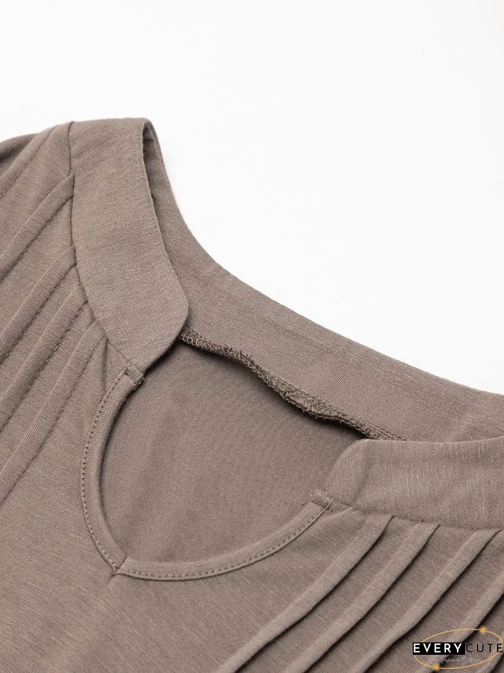 Desert Palm Pleated Notched Neck Puff Sleeve Shift Tee Dress