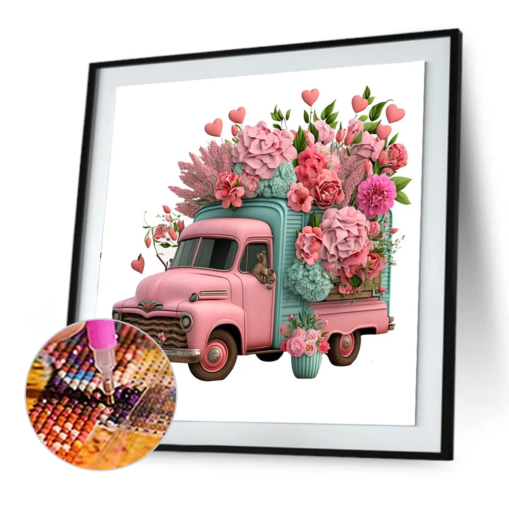 Full Round Diamond Painting 30*30cm - Pink Flower Classic Car