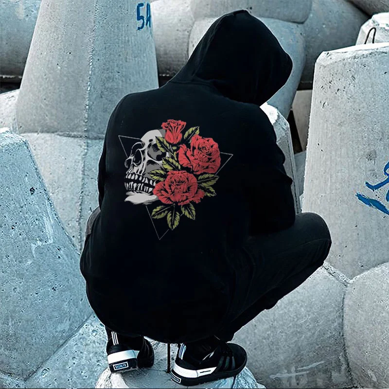 Expectant Skull with Roses Graphic Vintage Style Casual Black Print Hoodie