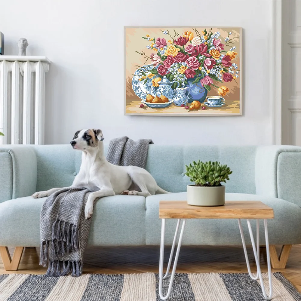 9CT Full Stamped Cross Stitch Bead Embroidery- Flower(Canvas|51*40CM)