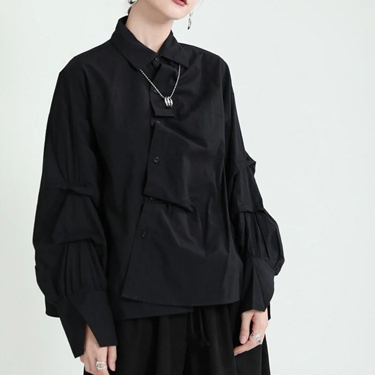 Unique Solid Color Lapel Irregular Pleated Irregular Long Sleeve Shirt 