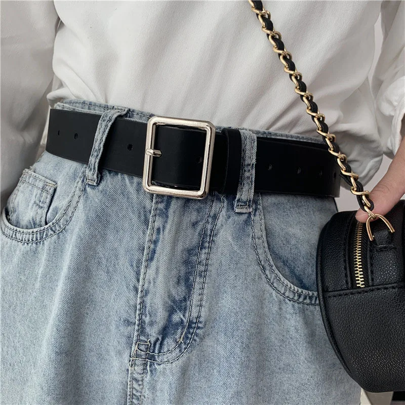 Dzgolf NEW PU Leather Belts for Women Square Buckle Pin Buckle Jeans Black Belt Chic Luxury Brand Ladies Vintage Strap Female Waistband
