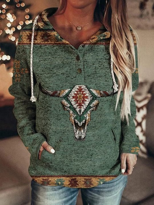 Ladies Ethnic Printed Casual Hooded Sweater