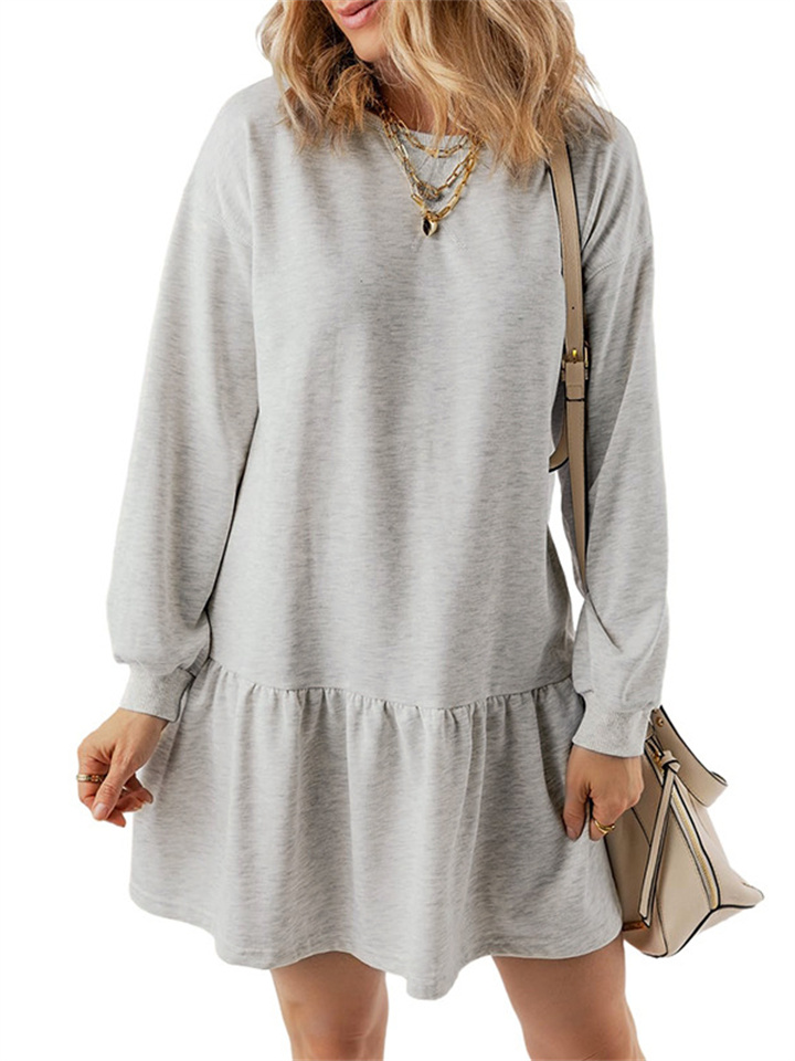 Women's New Ribbed Knit Splicing Solid Color Long-sleeved Casual Mini Dresses